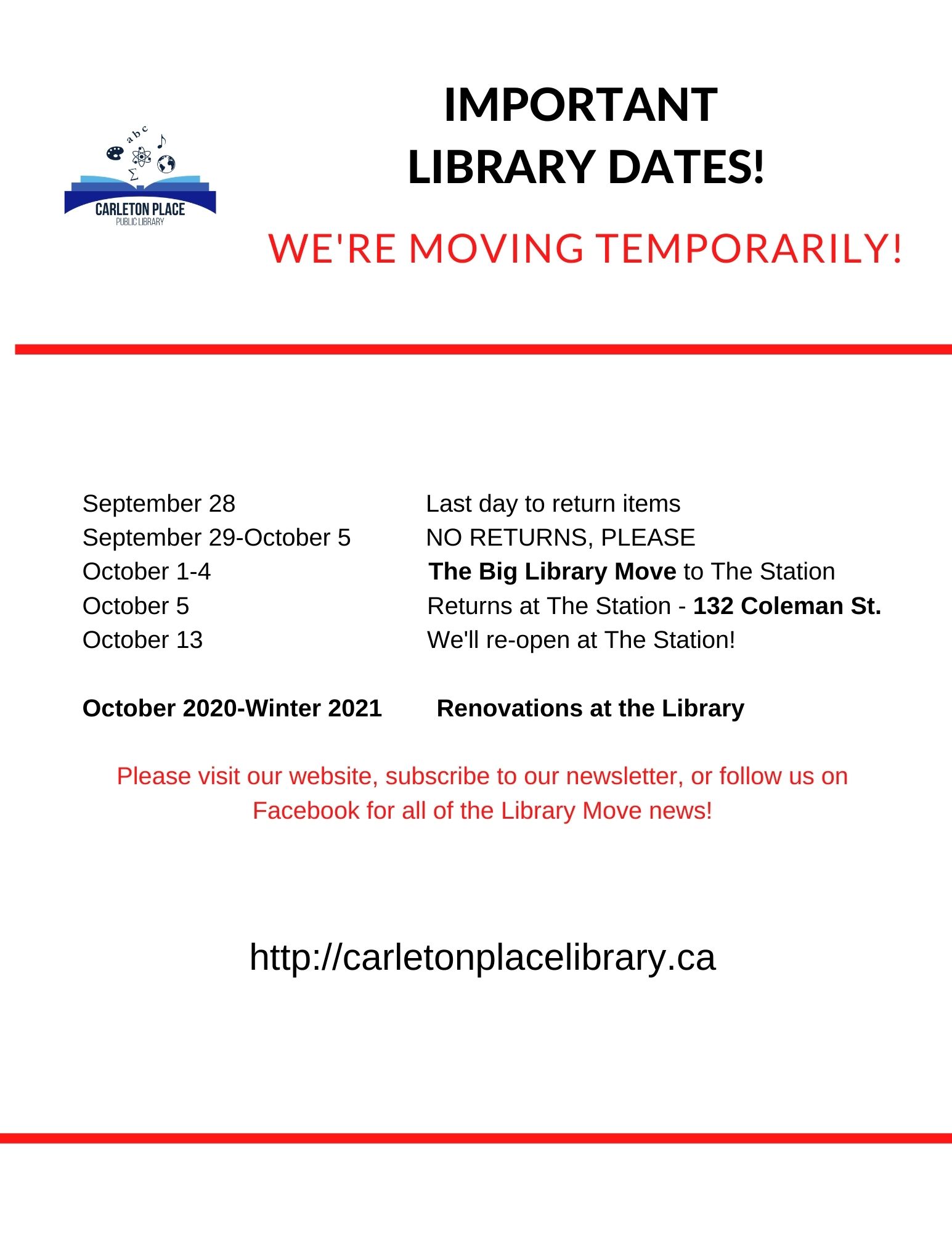 Important Library Move Dates! Carleton Place Public Library