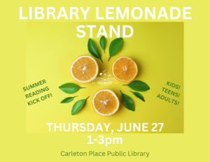 Library Lemonade Stand Summer Reading Kick off event poster features bright lemons on a yellow background.