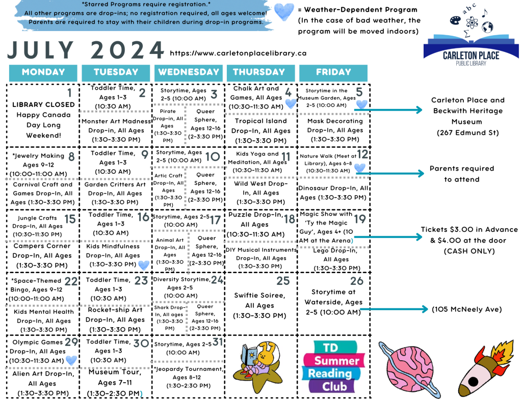 July 2024 Calendar of events for children and teens